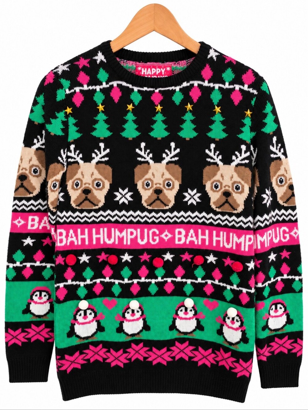 Happy Holidays Bah Humpug Ugly Christmas Sweater Pug Penguin Pom Pom M